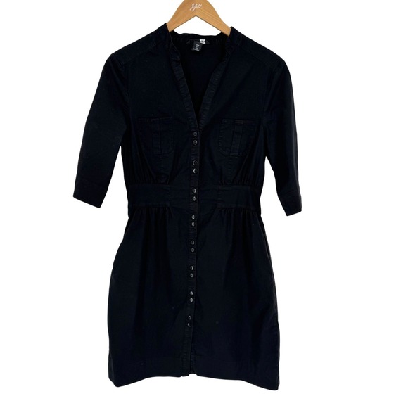 H&M Dresses & Skirts - H&M Womens Button Front Shirt Dress Size 8 Stretch Military Pocket Stretch Black